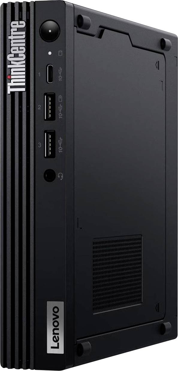 Ein schwarzer Lenovo ThinkCentre Desktop-Tower neben dem Logo „TEQ CYCLE" auf weißem Hintergrund.