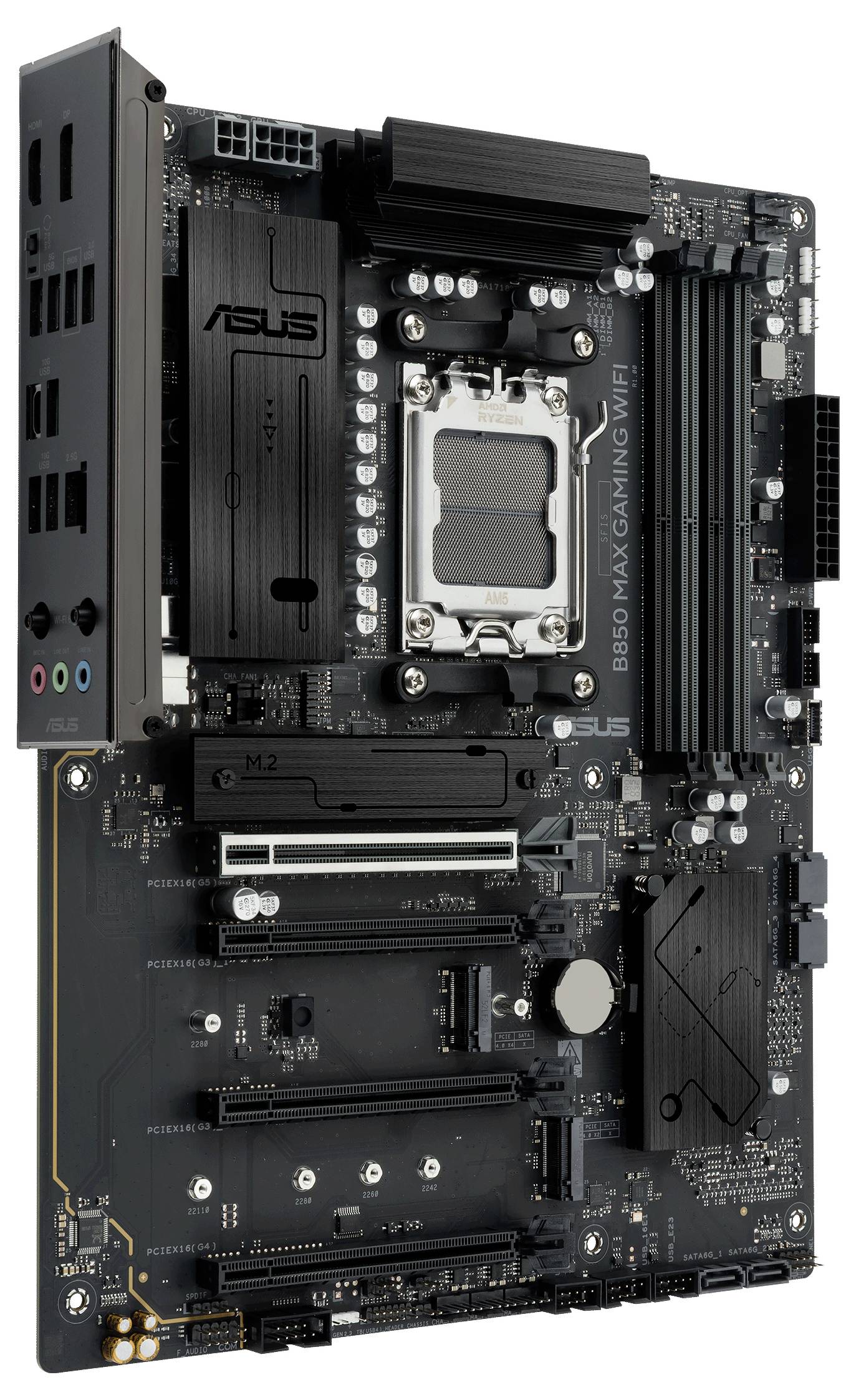 Ein Computermotherboard mit mehreren Erweiterungssteckplätzen, Kühlkomponenten und gekennzeichneten Anschlüssen.