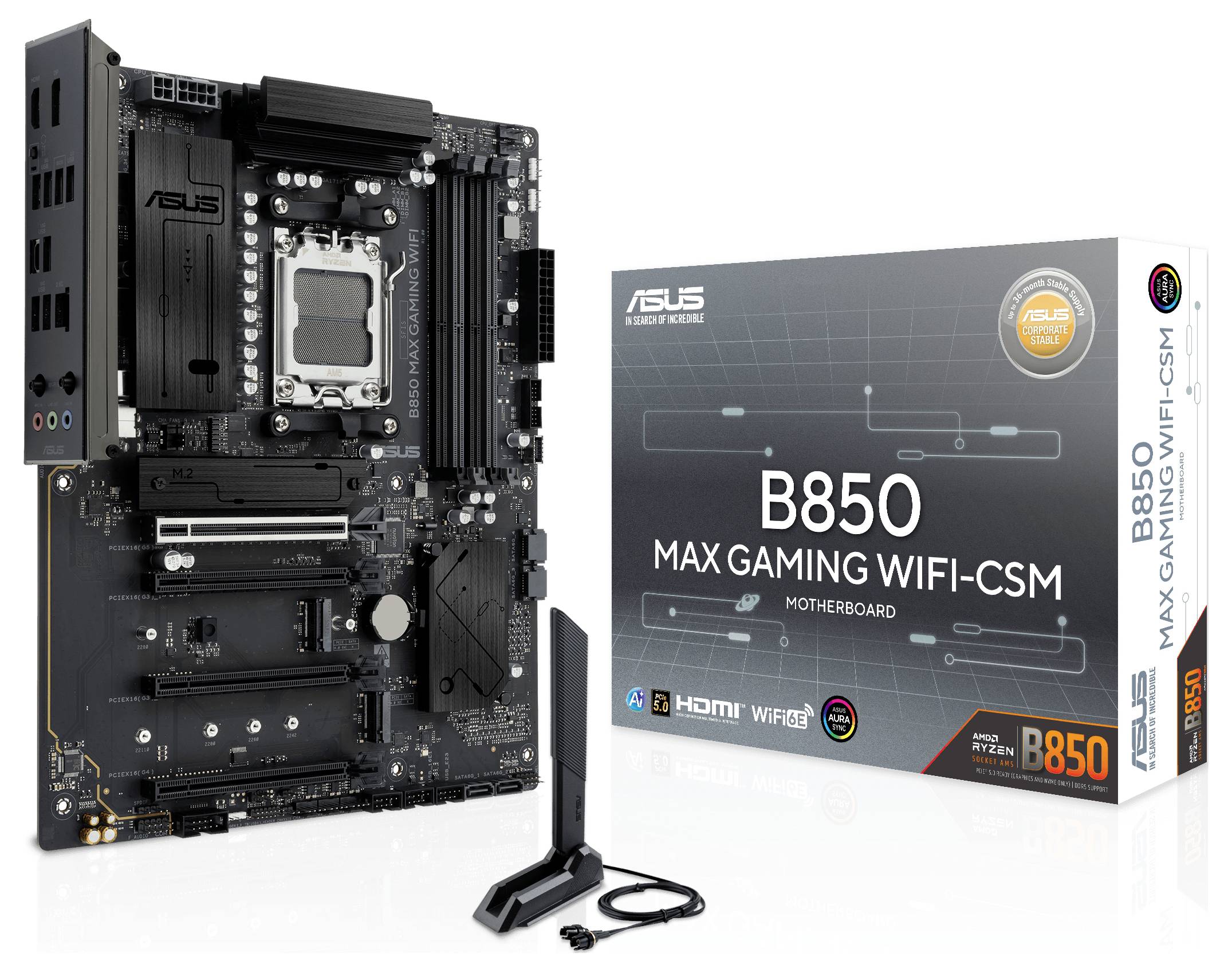 „ASUS B850 Max Gaming WiFi-CSM" Hauptplatine mit Verpackungskarton, WiFi-Antenne und Kabeln abgebildet. Geeignet für High-Performance-Gaming-Setups.