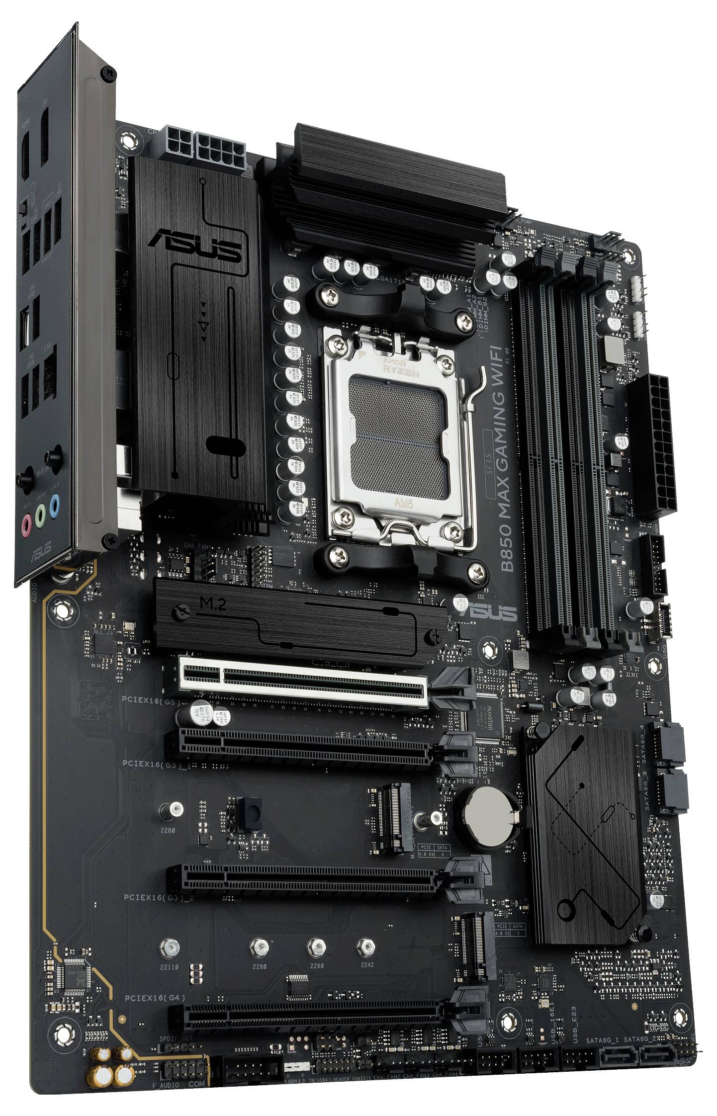 Ein Computermotherboard mit verschiedenen Steckplätzen, Anschlüssen und Komponenten mit dem Label "ASUS".