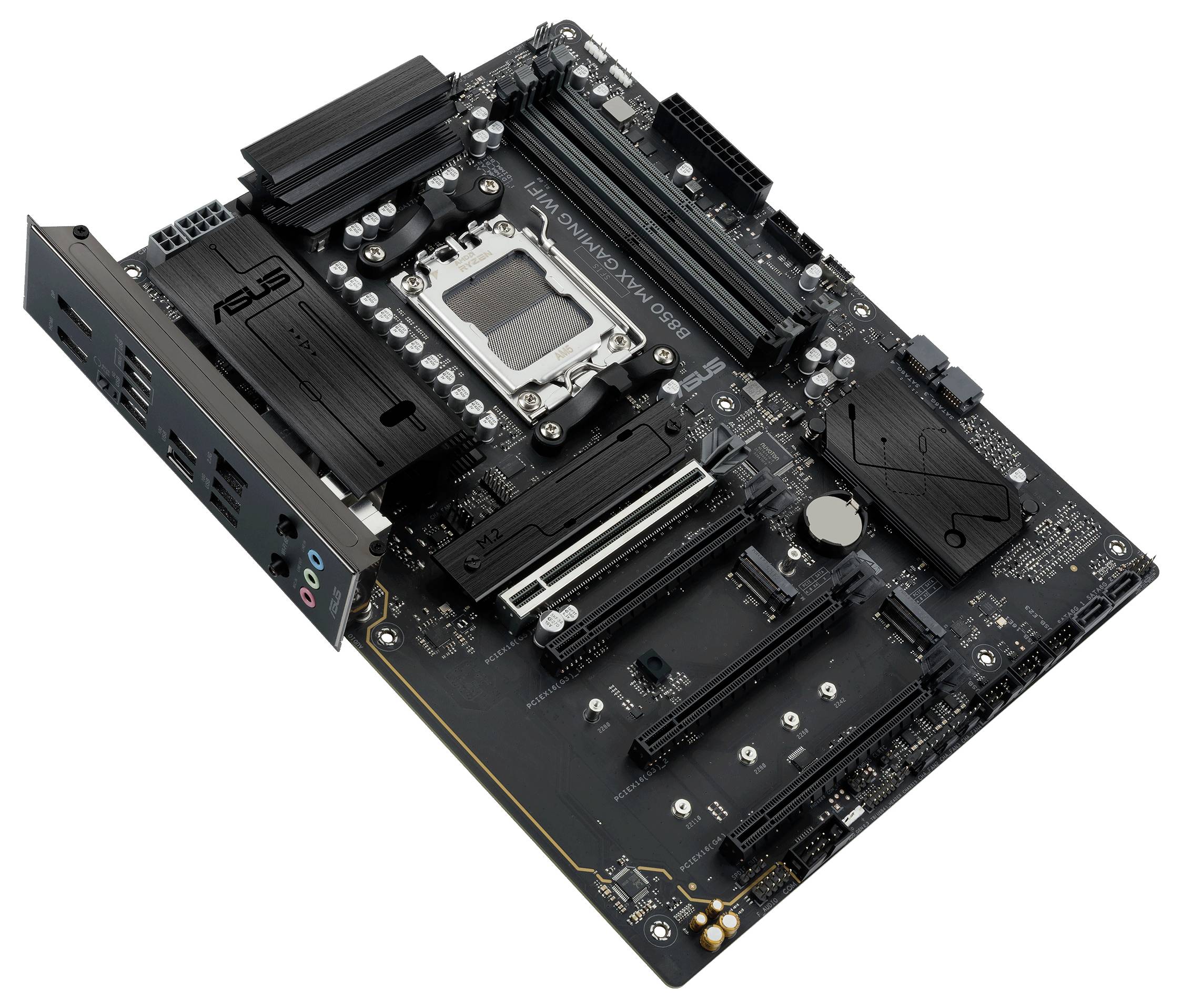 Ein Computer-Motherboard mit mehreren Steckplätzen und Komponenten, einschließlich RAM-Steckplätzen, einer CPU-Fassung und verschiedenen Anschlussports.
