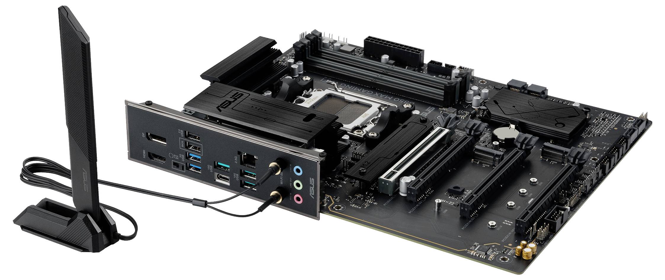 Ein Computermainboard mit verschiedenen Steckplätzen und Anschlüssen, einschließlich USB, Audio und einer Antenne für Wireless-Konnektivität.