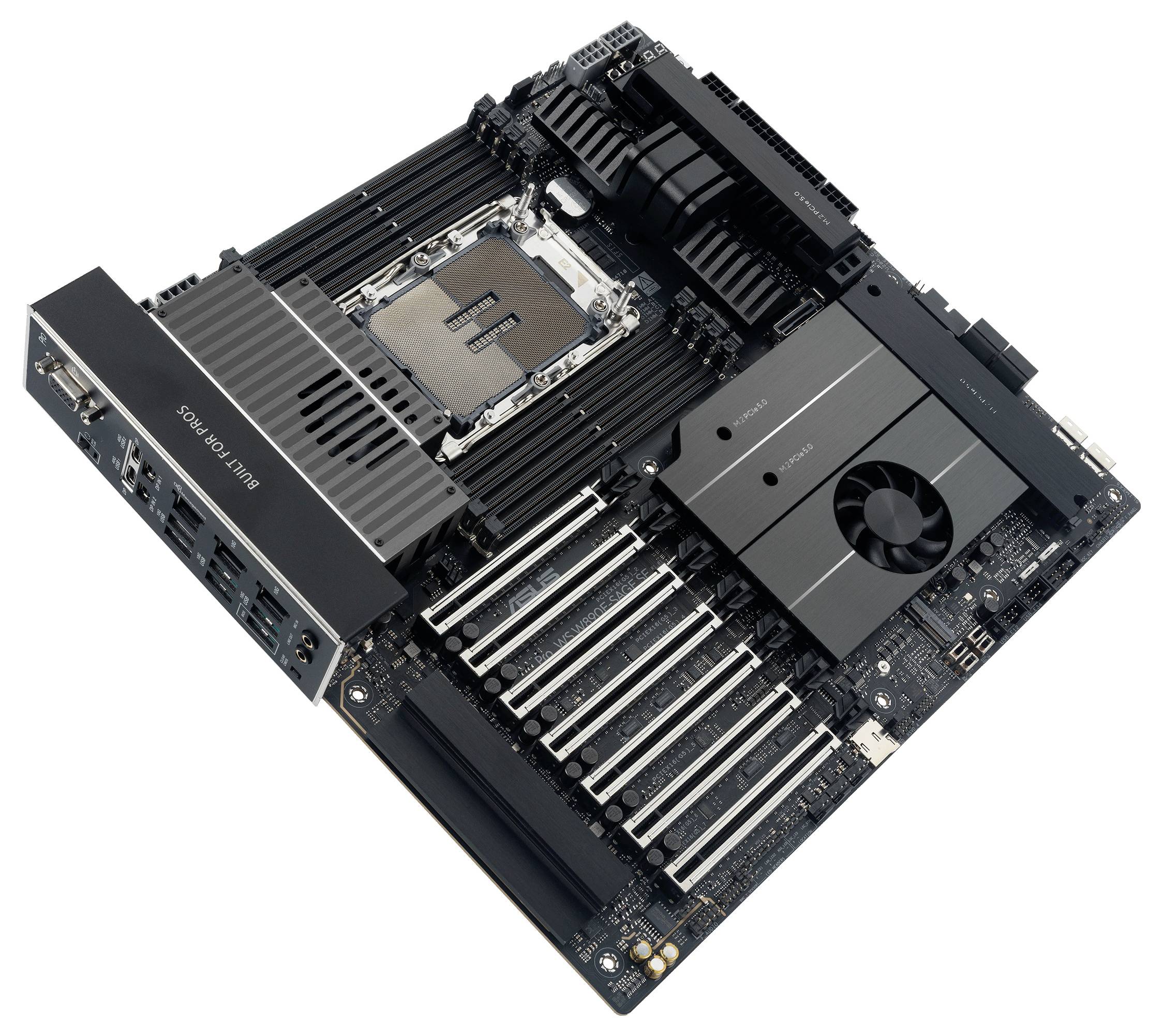 Ein Computermotherboard mit verschiedenen Slots und Anschlüssen, auf dem prominenter ein großer Prozessor (CPU) und Kühlkomponenten zu sehen sind.
