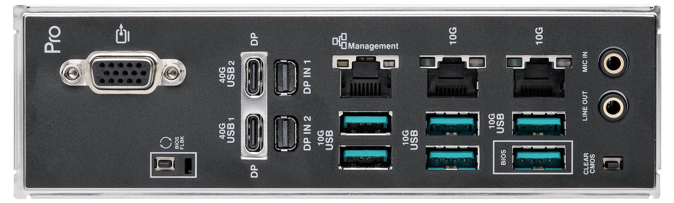 Eine Nahaufnahme einer Computermainplatine mit Steckplätzen für Komponenten, beschriftet mit "BUILT FOR PROS", mit sichtbaren Kühl- und Stromelementen.