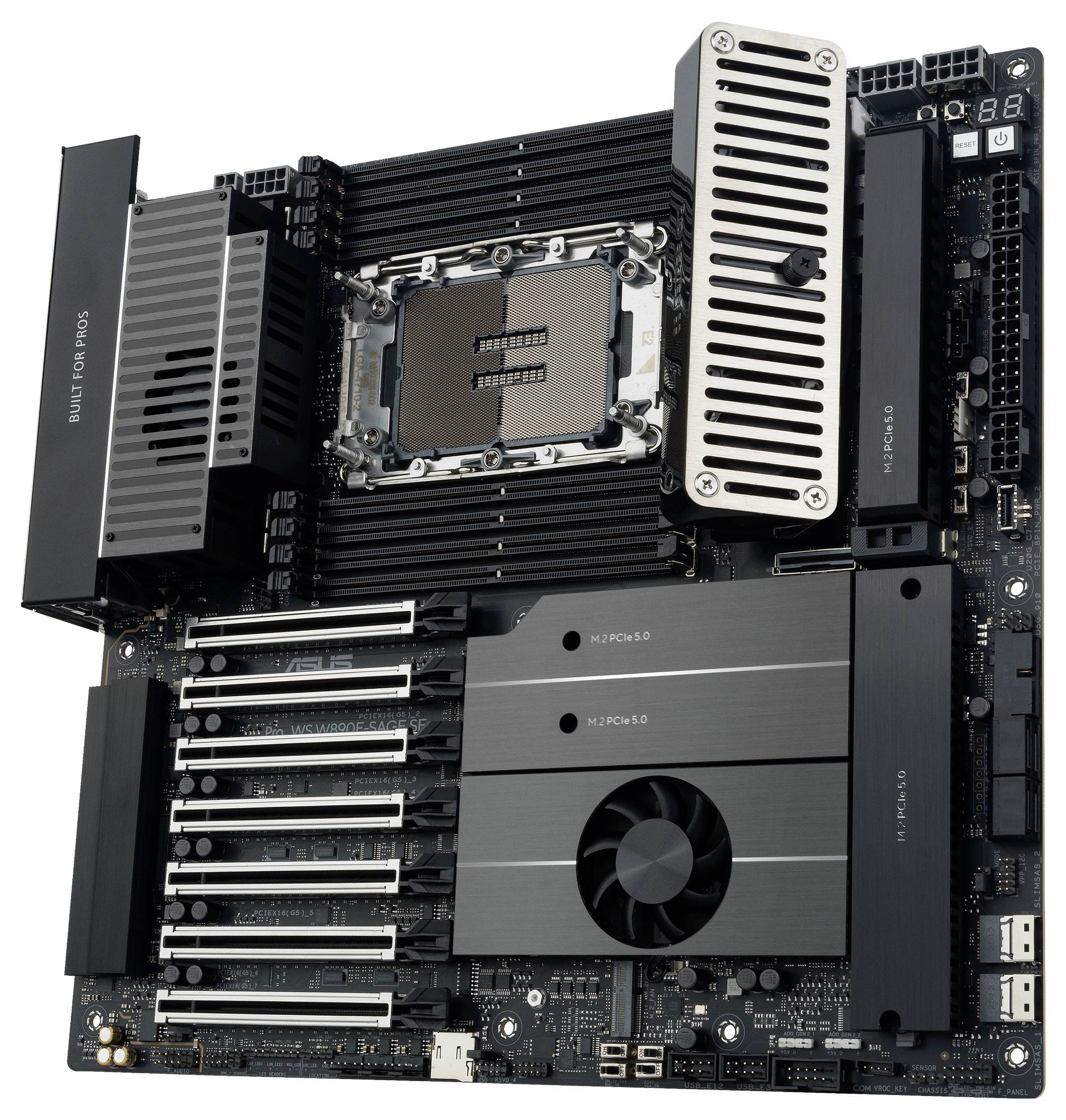 Hochleistungs-Motherboard mit mehreren Kühlkörpern und Lüftern, entwickelt für fortschrittliches Computing und elektronische Geräte.