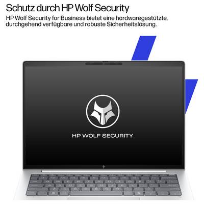 Laptop mit dem Logo von 'HP Wolf Security' auf dem Bildschirm. Text: 'Schutz durch HP Wolf Security' erläutert hardwarebasierte Sicherheitslösung.