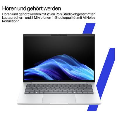 Ein Laptop mit einem Text auf Deutsch, der besagt, dass er mit zwei Poly Studio-Lautsprechern und zwei Mikrofonen ausgestattet ist, die KI-Geräuschreduzierung bieten.