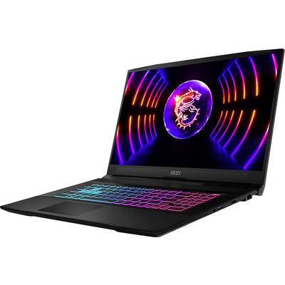 MSI-Laptop mit RGB-beleuchteter Tastatur und Drachen-Logo auf dem Bildschirm, auf weißem Hintergrund gezeigt.