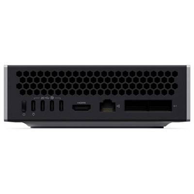 Frontplatte eines schwarzen Mini-PCs mit Ein-/Ausschalter und USB-Anschlüssen, HDMI, Ethernet und Belüftungsgitter.