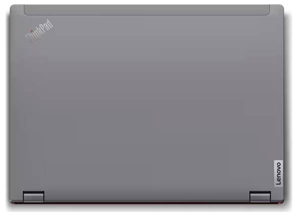 Schwarzer Lenovo ThinkPad Laptop auf weißem Hintergrund, mit lebendigem abstraktem rosa, violettem und blauem Display.