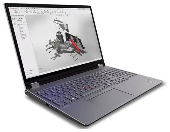 Ein Laptop zeigt ein 3D-CAD-Modell einer mechanischen Baugruppe in Design-Software an.