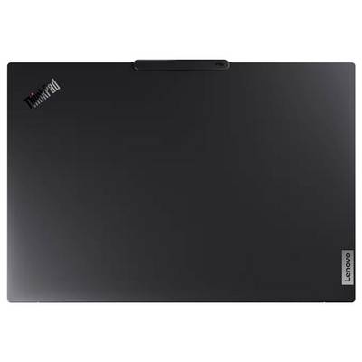 Geschlossener schwarzer Lenovo ThinkPad Laptop mit Logo und Webcam in der oberen Mitte.