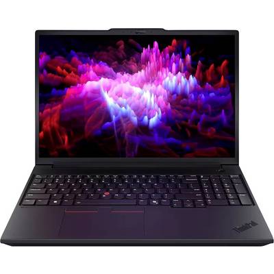 Schwarzer Lenovo ThinkPad Laptop, geöffnet, mit abstraktem rosa, violettem und blauem Display und vollständig sichtbarer Tastatur.