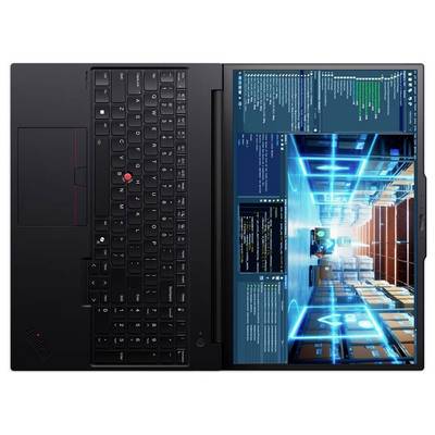 Laptop mit Dual-Screen-Setup, mit einer vollständigen Tastatur auf der linken Seite und einem breiten Display auf der rechten Seite, das einen futuristischen blauen digitalen Tunnel oder Datenkorridor zeigt.