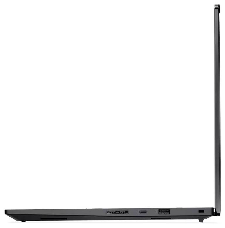 Seitenansicht eines dünnen schwarzen Laptops, geschlossen mit aufrecht stehendem Display und sichtbarem Scharnier, gezeigt auf weißem Hintergrund.