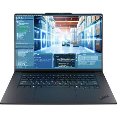 Laptop zeigt Lagerverwaltungssoftware und Codierungssoftware auf dem Bildschirm, mit Lagergangsansicht in der Hauptanzeige und mehreren Datenpanels darunter.