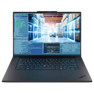 Ein Laptop mit einer Logistiksoftware-Schnittstelle mit einer Lagerszene, Code-Panels und Datenlisten auf dem Bildschirm.
