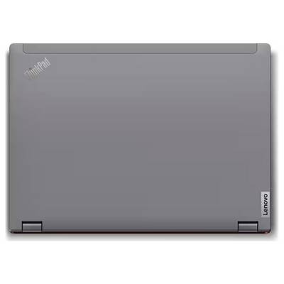 Geschlossener grauer Lenovo ThinkPad-Laptop mit dem ThinkPad-Logo oben links und Lenovo-Branding an der rechten Kante.