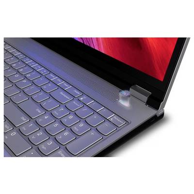 Nahaufnahme einer Laptop-Tastatur und eines Touchpads mit einem Pop-up-Fingerabdrucksensor neben dem Bildschirmrand, der biometrische Anmeldung hervorhebt.