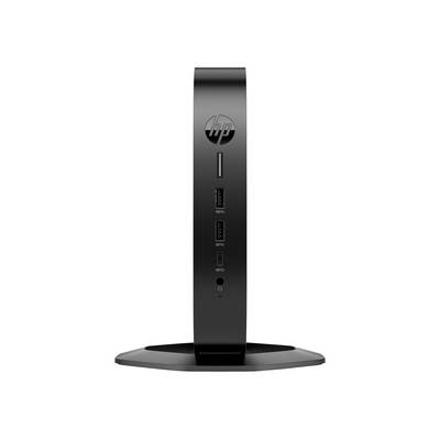 Ein schwarzer HP-Thin-Client-Computer von vorne betrachtet, der USB-Anschlüsse, eine Kopfhörerbuchse und das HP-Logo oben zeigt.