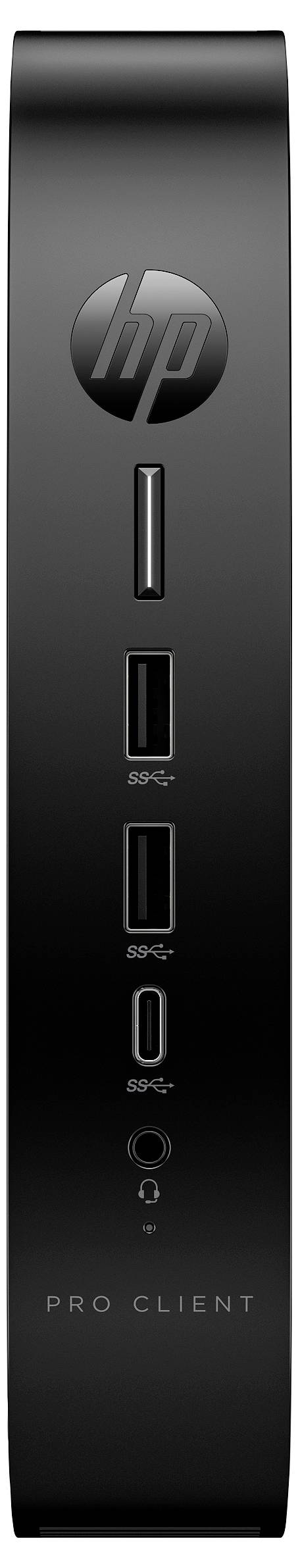 Ein elegantes schwarzes Gerät mit dem HP-Logo auf der Oberseite, das mehrere USB-Anschlüsse und Audiobuchsen aufweist, die am unteren Ende mit "PRO CLIENT" gekennzeichnet sind.