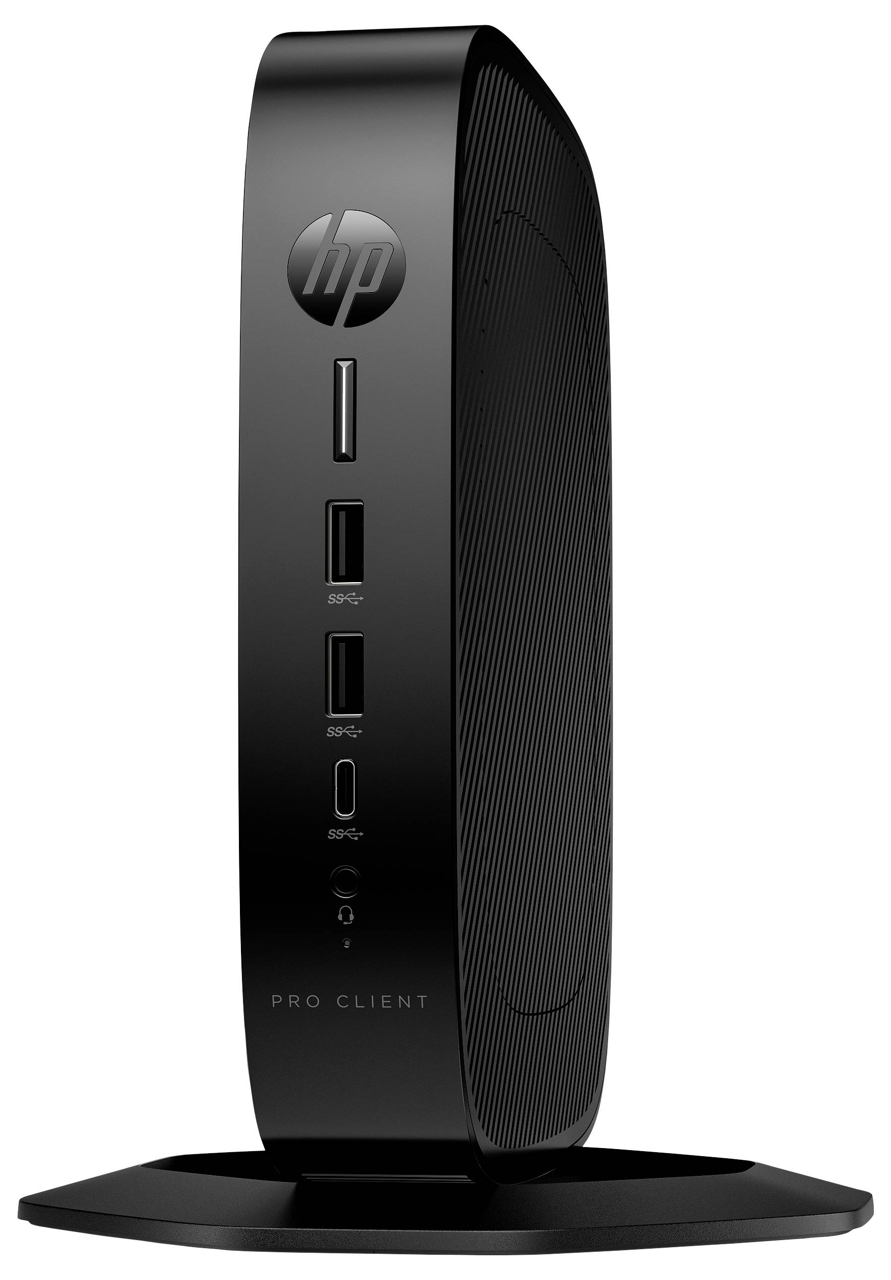 Ein eleganter, schwarzer Thin-Client-Computer in vertikaler Ausrichtung mit HP-Logo, mit mehreren USB-Anschlüssen und einem Netzschalter auf der Vorderseite.