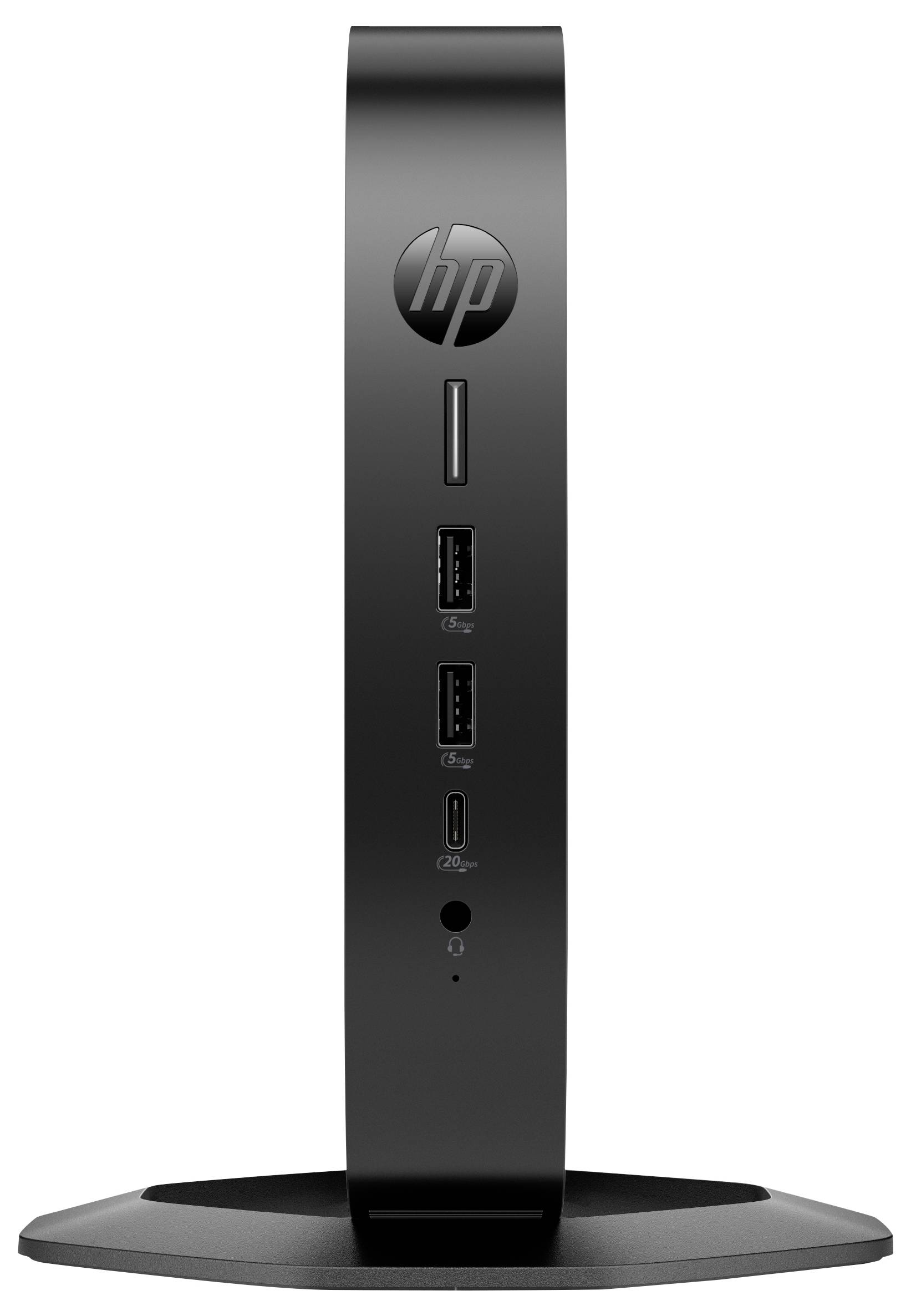 „HP"-Logo auf der Vorderseite sichtbar. Schwarzer Computer mit schlankem, vertikalem Design, ausgestattet mit mehreren USB-Anschlüssen, einem SD-Kartensteckplatz und einer Kopfhörerbuchse.