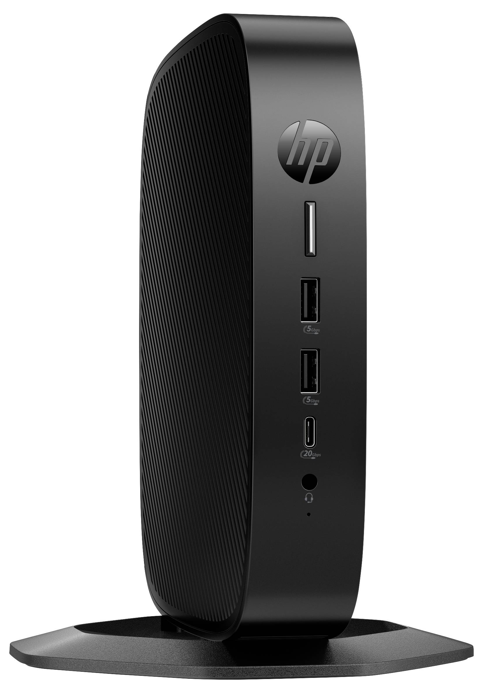 Ein schlanker schwarzer HP-Thin-Client-Computer mit vertikalem Design, mit mehreren USB-Anschlüssen und einem HP-Logo auf der Vorderseite.