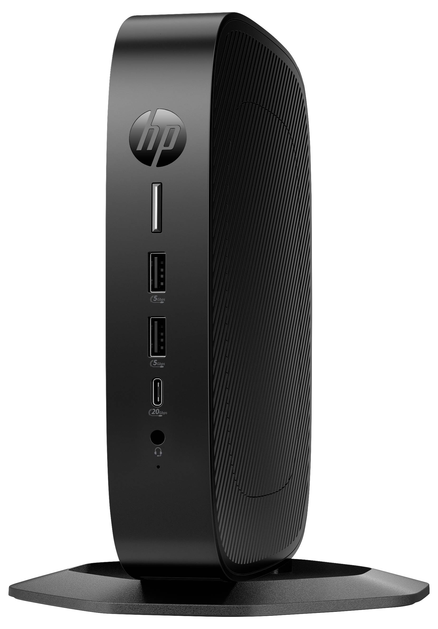 Ein eleganter, schwarzer HP-Thin-Client auf einem Ständer, mit HP-Logo, mit USB-Anschlüssen und Audiobuchse auf der Frontplatte sichtbar.