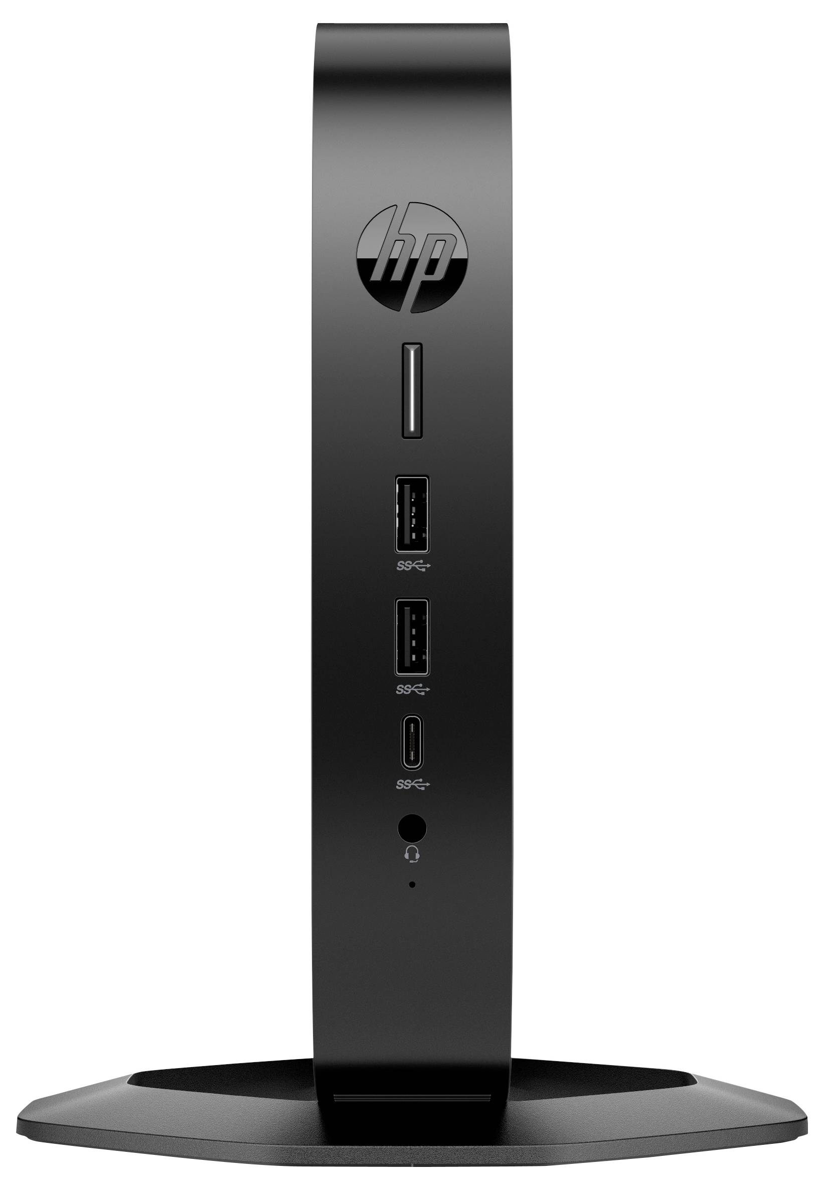 Eine schwarze HP Pro Client Desktop-Vorderansicht zeigt das HP-Logo, zwei USB-Anschlüsse, zwei USB-C-Anschlüsse, einen Netzschalter und eine Audiobuchse.