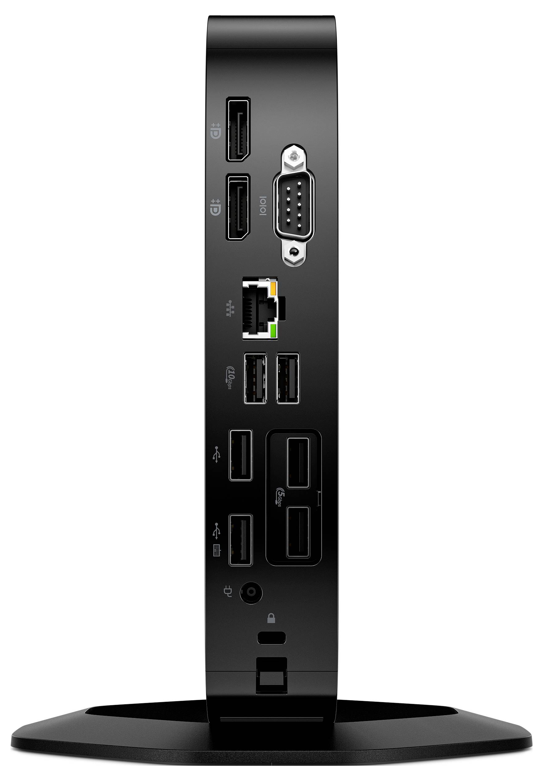 Ein schwarzes Gerät mit mehreren Anschlüssen, einschließlich HDMI, USB, Ethernet und einem VGA-Anschluss, das aufrecht auf einer kreisförmigen Basis steht.