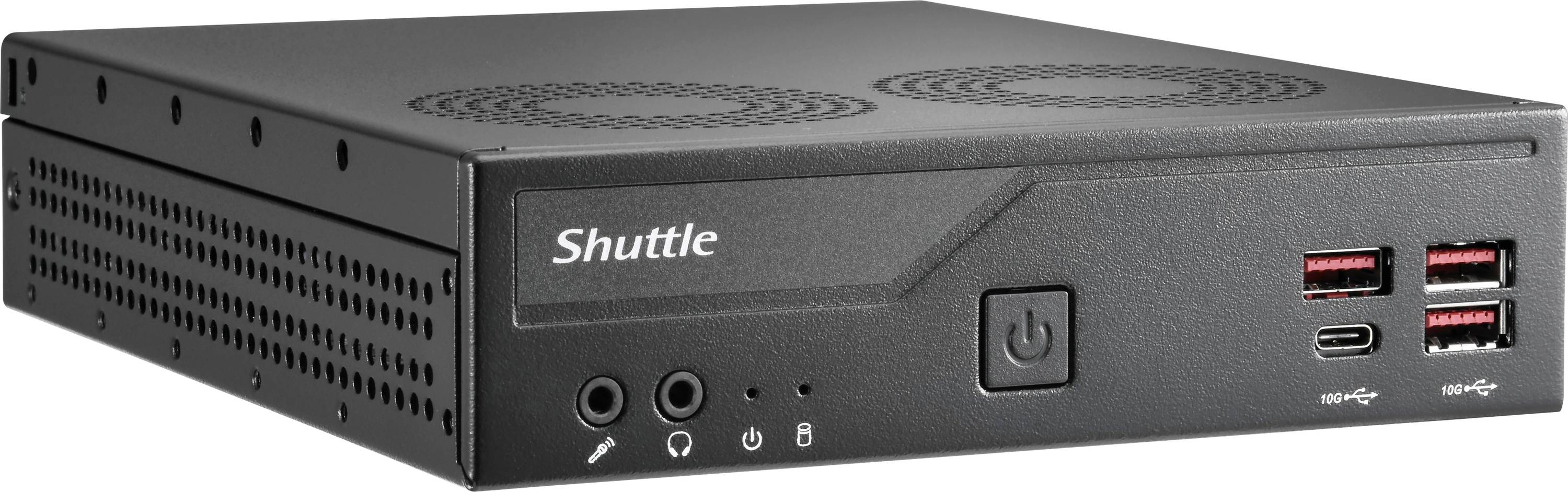 Black Shuttle Mini-PC Vorderansicht mit Ein-/Ausschalter, Audiobuchse, USB-C und zwei USB-Anschlüssen auf einem dunkelgrauen Gehäuse.