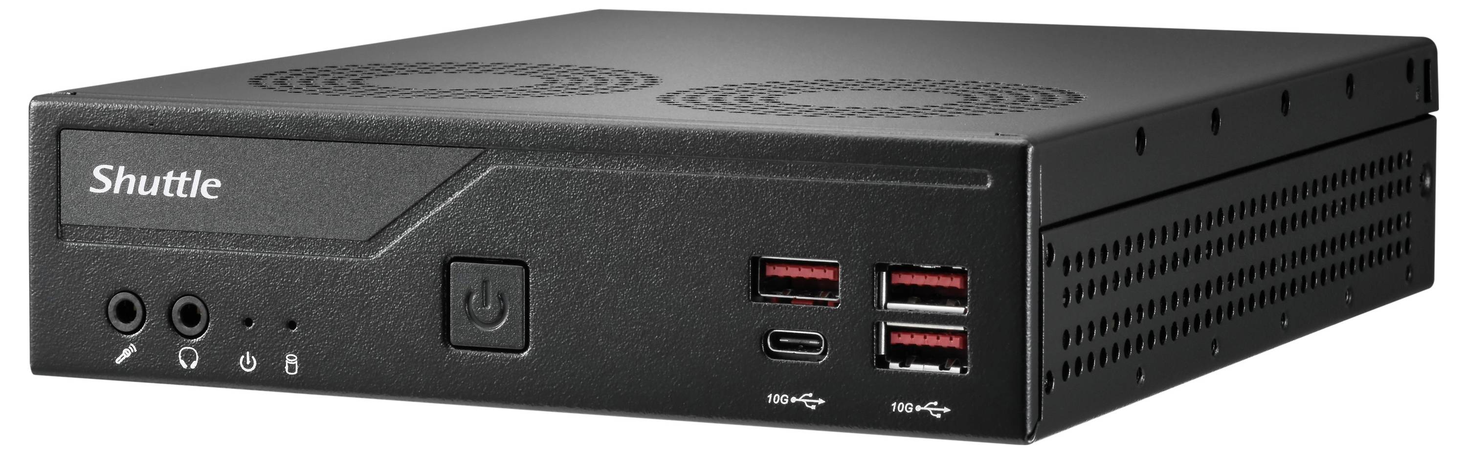 Schwarzer Shuttle Mini-PC Frontblende mit Ein-/Ausschalter, Audio-Anschlüssen, USB-Anschlüssen und Statusleuchten auf einem kompakten Desktop-Computer-Gehäuse.