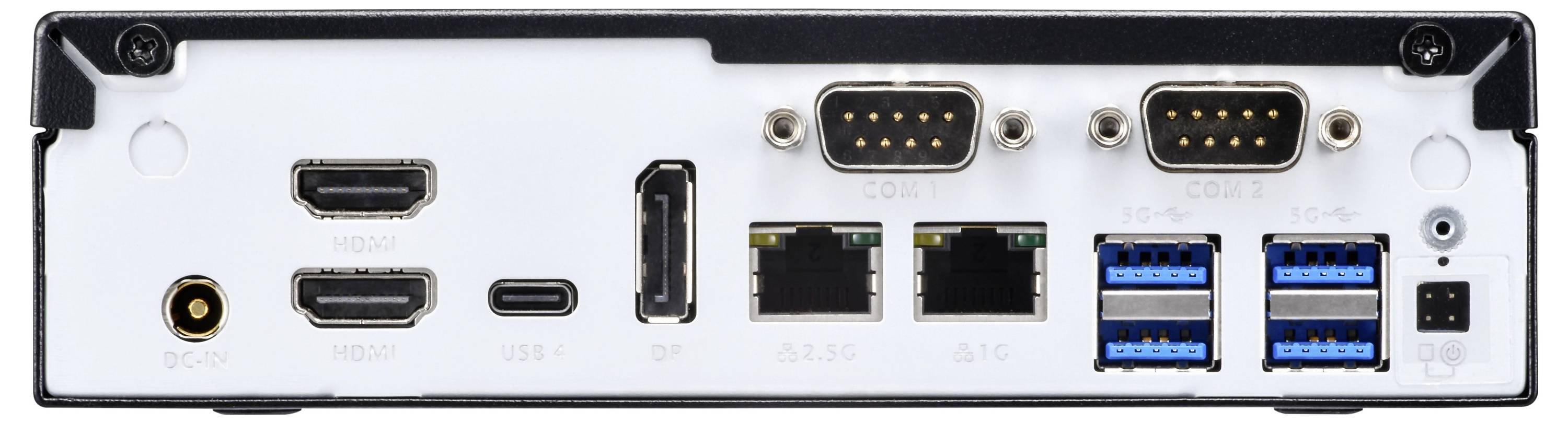Hinteres Computer-E/A-Panel mit VGA-, DVI-, HDMI-, USB-C-, Ethernet-, vier USB-A-Anschlüssen und Audiobuchsenverbindungen.