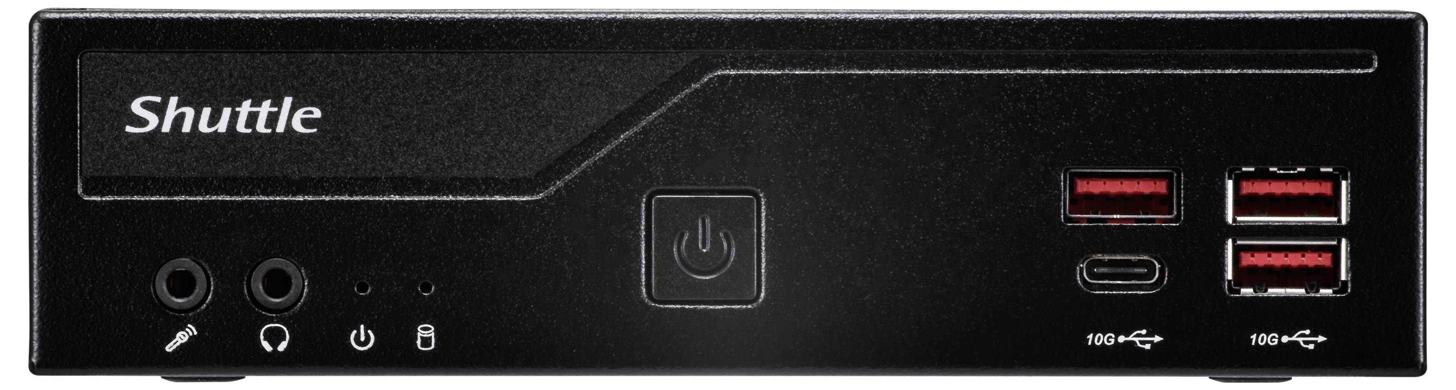 Schwarz Shuttle Mini-PC Frontpanel mit Stromschalter, Kopfhörer- und Mikrofonbuchsen, USB- und USB-C-Anschlüssen sowie roten Statusleuchten.