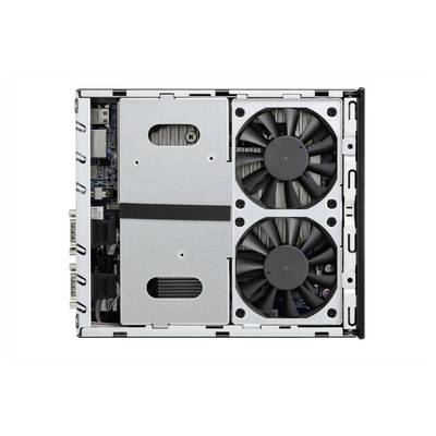 Nahaufnahme einer Computergrafikkarte mit zwei Kühlventilatoren, Metallverkleidung und externen Anzeigeports.