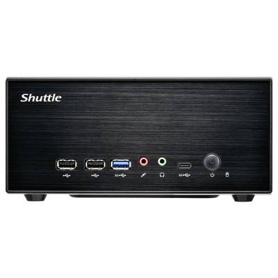 Ein kleines, schwarzes Computergehäuse mit verschiedenen vorderen Anschlüssen, darunter USB, Audioeingänge und Netzschalter. Die Marke "Shuttle" ist sichtbar.