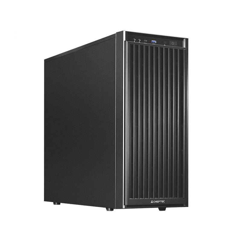 Ein schwarzes Chieftec-Computer-Gehäuse mit vertikalem Frontpanel-Design, mit USB-Anschlüssen und Ein-/Ausschalter an der oberen vorderen Kante.