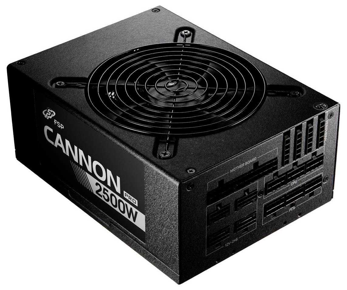 Ein schwarzes FSP Cannon Pro 2500W Netzteil mit Frontlüfter und modularen Kabelanschlüssen, entworfen für High-Performance-Computing.