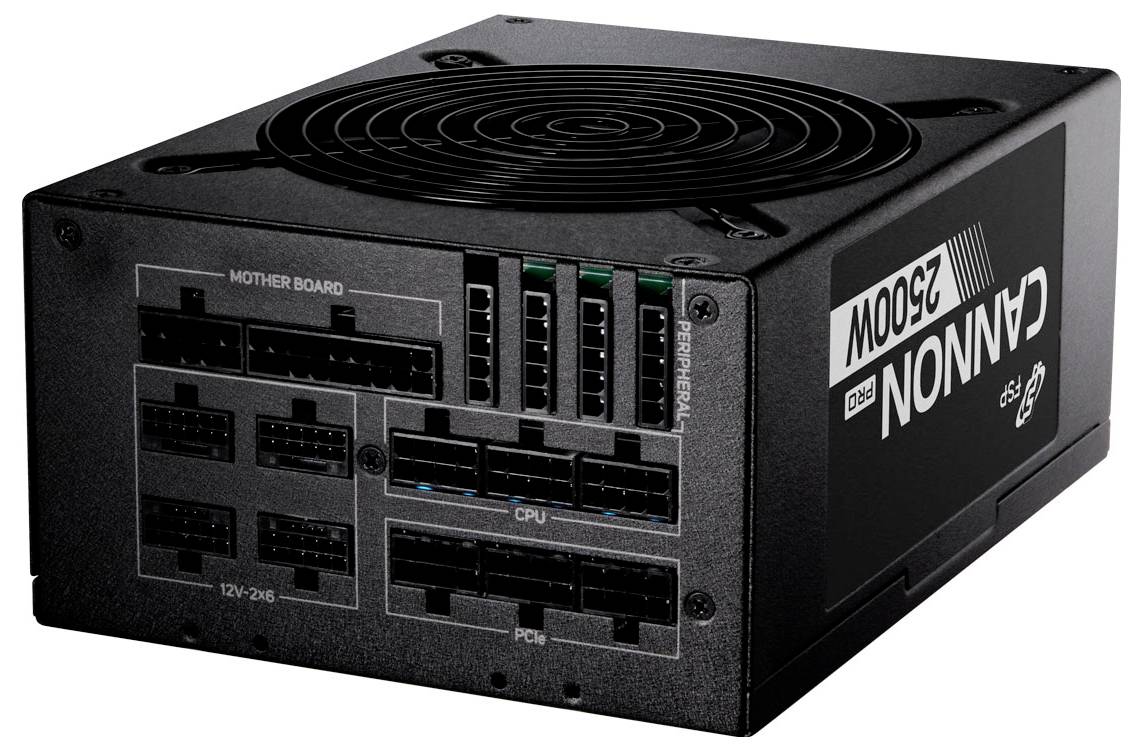 Stromversorgungsgerät 'Canon 2500W' mit mehreren Anschlüssen für Motherboard, CPU und PCIe.