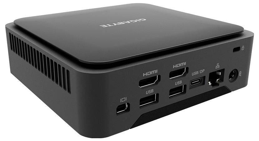 Schwarzer kompakter Desktop-Mini-PC mit vorderen Anschlüssen einschließlich HDMI, USB, USB-C, Ethernet, Audio und Ein-/Ausschalter.