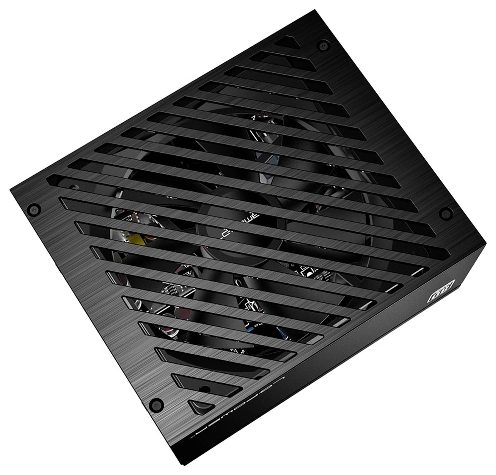 Eine schwarze, metallische Computer-Stromversorgungseinheit mit großem Lüfter und diagonalen Lüftungsschlitzen zur Kühlung.