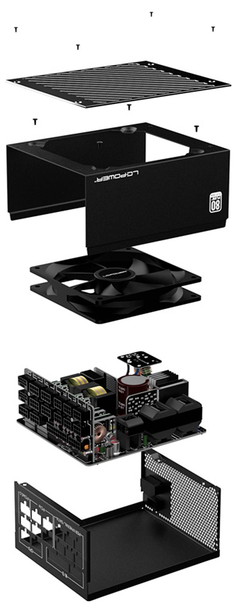 Explodierte Ansicht eines Computernetzteilgeräts mit Komponenten: Außengehäuse, Lüfter, interne Schaltung und Rückpaneel-Layout.