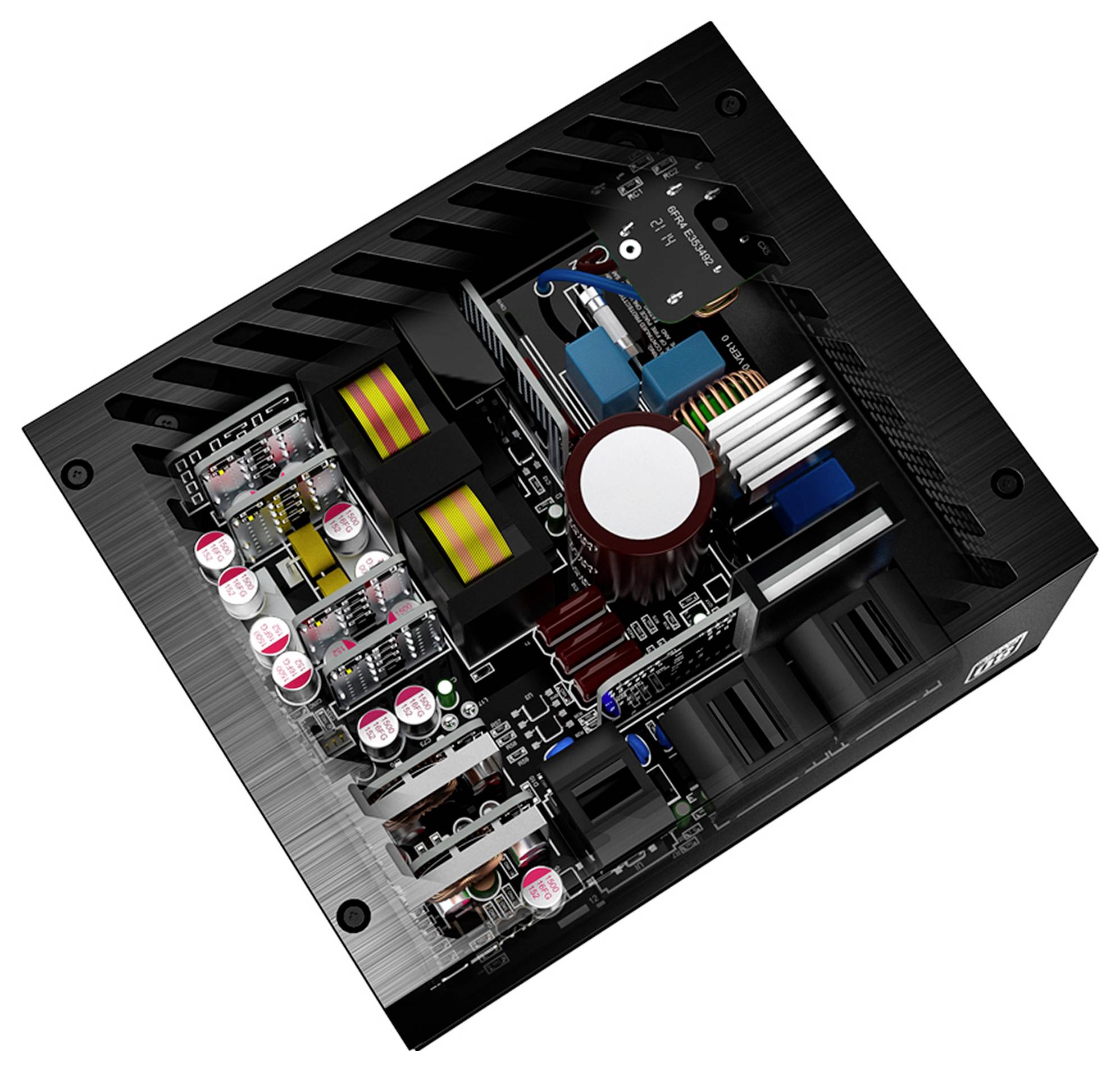 Draufsicht einer offenen Stromversorgungseinheit eines Computers, die interne Komponenten wie Kondensatoren, Spulen und Steckverbinder auf einer Leiterplatte zeigt.