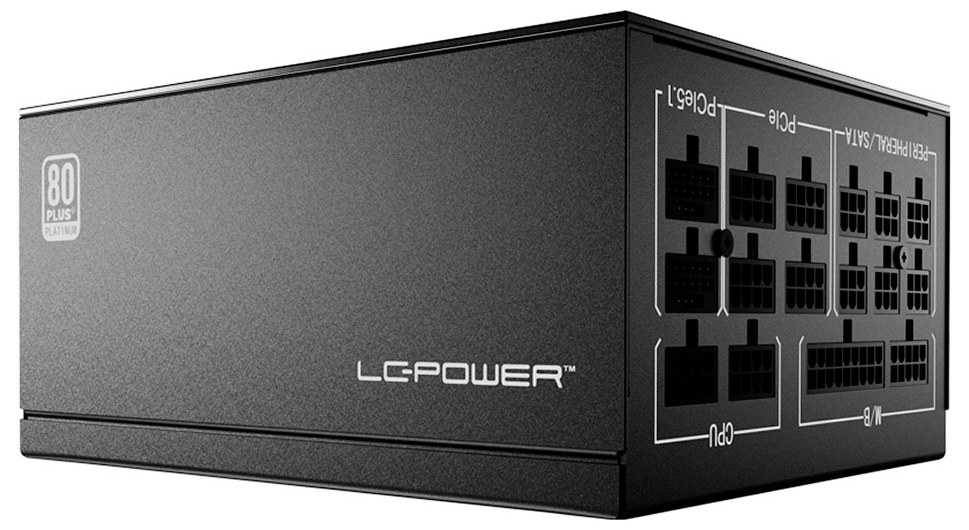 Eine schwarze LC-Power-Computernetzteileinheit mit verschiedenen Anschlüssen an der Vorderseite und einem „80 Plus Bronze"-Zertifizierungsetikett.