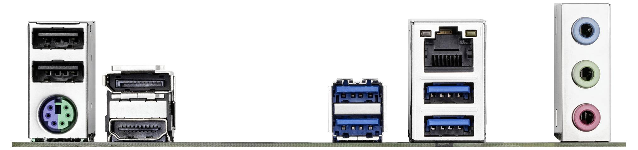Rückwärtige Anschlüsse der Hauptplatine, einschließlich PS/2, HDMI, USB, Ethernet und Audio-Buchsen, zeigen die Konnektivitätsoptionen eines Computers.