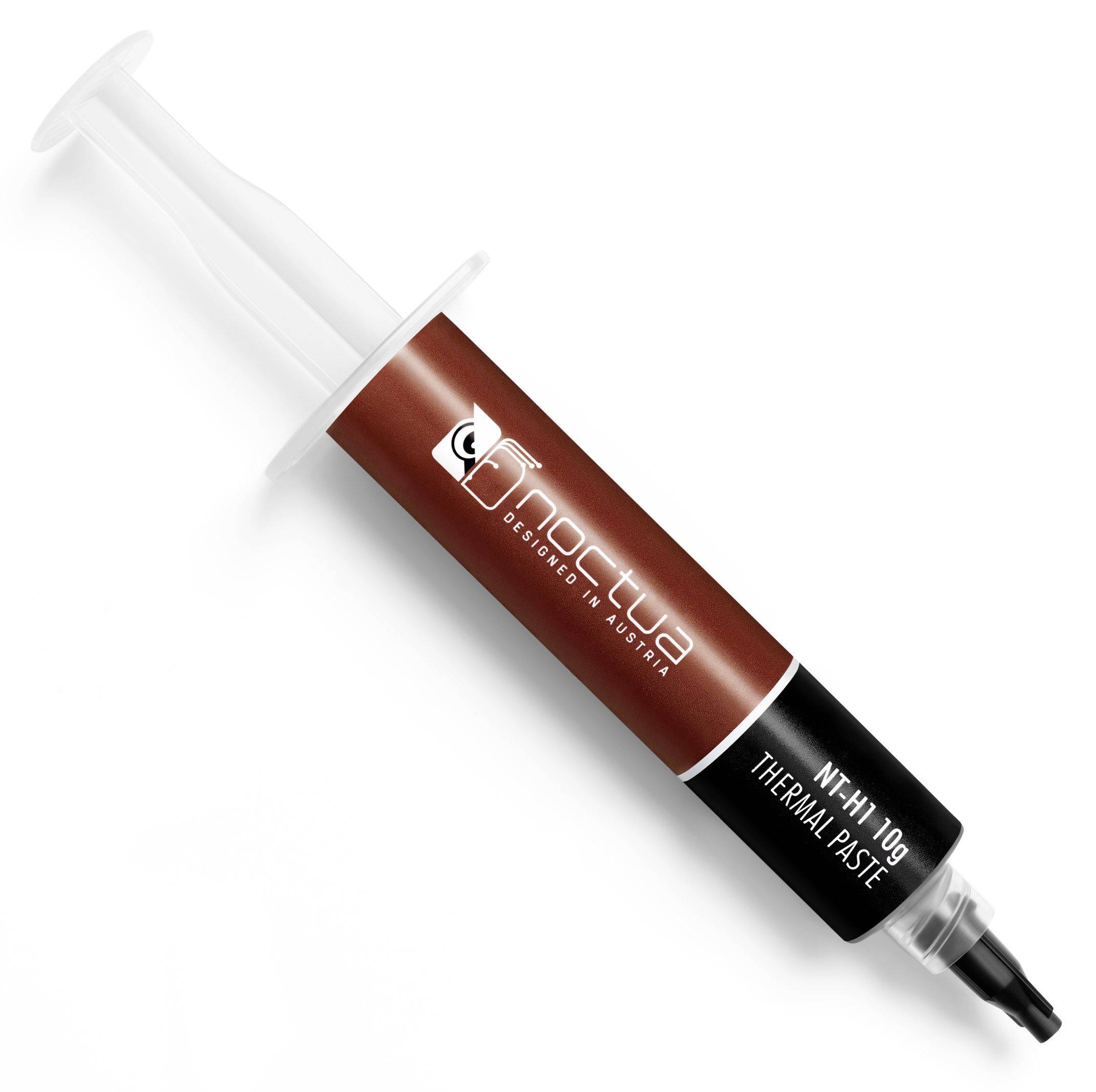 Eine spritzenstilförmige Tube mit der Beschriftung „NT-H1 10g WÄRMELEITPASTE" mit durchsichtigem Kolben und schwarzer Düse, dargestellt auf weißem Hintergrund.