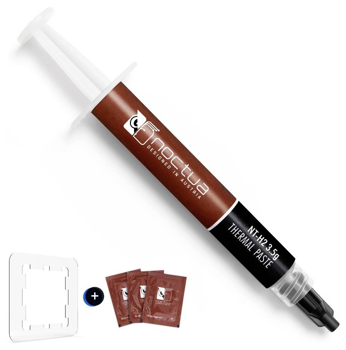 Eine Spritze Noctua NT-H2 Wärmeleitpaste mit im Lieferumfang enthaltenen Reinigungstüchern und Schablone für präzise Anwendung in Computerkühllösungen.