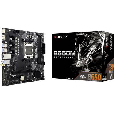 Biostar B650M Motherboard neben seiner Einzelhandelsbox gezeigt, mit der Beschriftung "B650M Motherboard" und "B650".