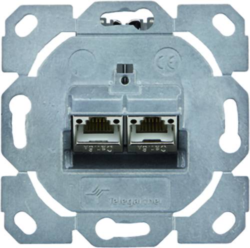 Wandmontierte Metall-Datendose mit zwei RJ45-Netzwerkanschlüssen, frontal auf einem Befestigungsrahmen dargestellt.